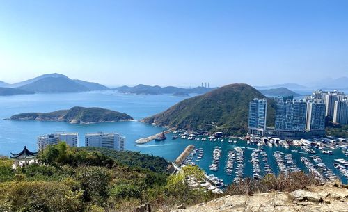 High angle view of bay against clear sky