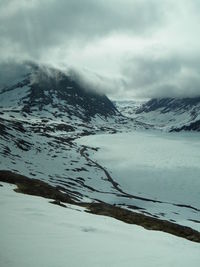 Snow covered landscape against cloudy sky