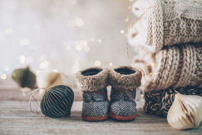 Close-up of christmas decorations on table