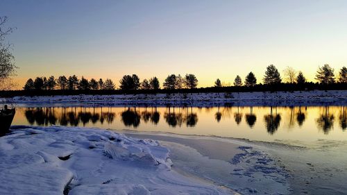 Scenic view of frozen lake against sky during sunset