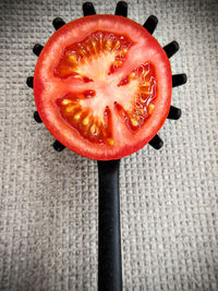 High angle view of strawberry on table