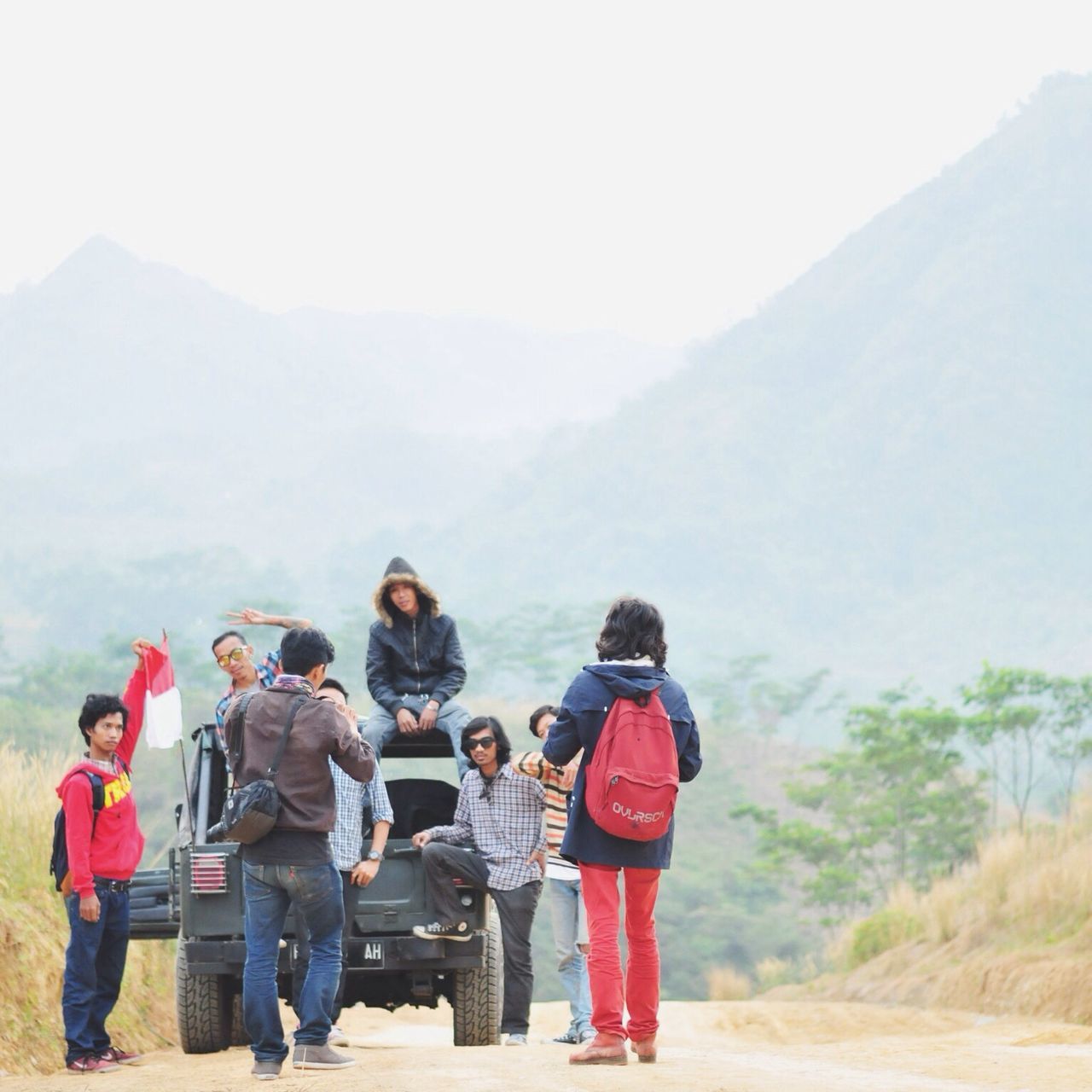 mountain, lifestyles, leisure activity, men, rear view, full length, togetherness, person, landscape, casual clothing, backpack, walking, vacations, mountain range, hiking, weather, warm clothing, nature