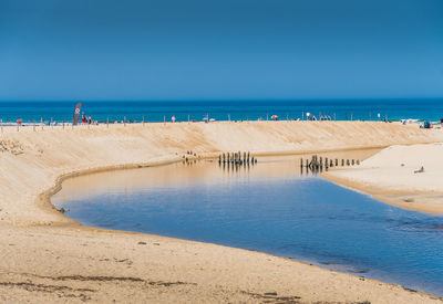 Scenic view of beach against clear blue sky