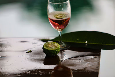 Close-up of beer in glass on table