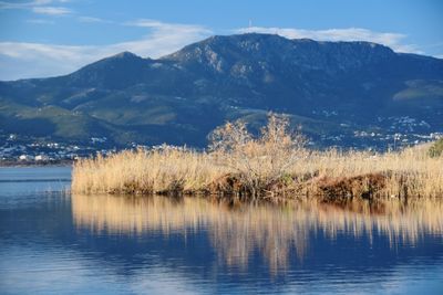 Scenic view of lake and mountains against sky