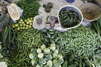 High angle view of vegetables for sale at market stall