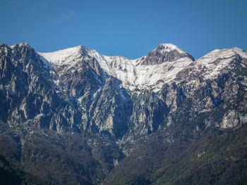 Close-up of snow covered mountains against sky