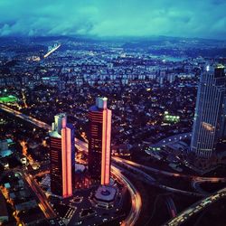 Aerial view of illuminated cityscape