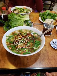 High angle view of soup served on table