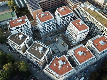 High angle view of modern buildings in city