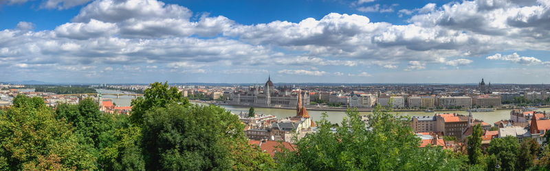 Panoramic view of the danube river and parliament building in budapest, hungary, on a summer day