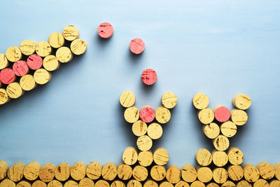 Directly above shot of wine corks on table