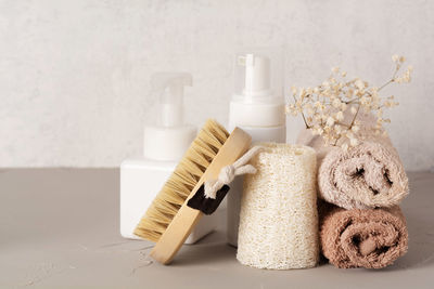 Spa cosmetic products and eco friendly bathroom accessories. beauty, spa and wellness concept.