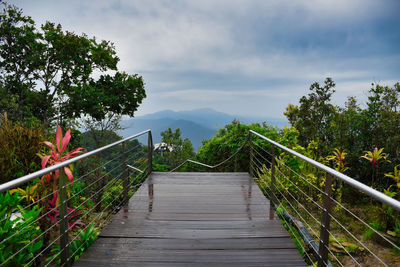 Footbridge amidst trees against sky