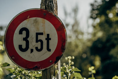 Close-up of road sign on wooden post