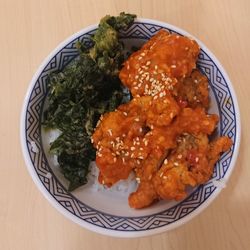 High angle view of food in plate on table