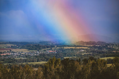 Aerial view of rainbow over cityscape