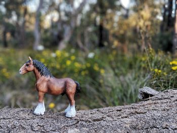 Horse figurine on tree trunk