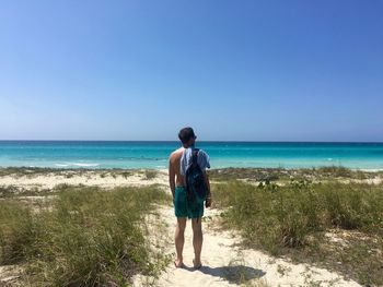 Rear view of man standing at beach against clear blue sky