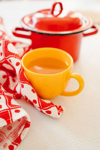 High angle view of tea cup on table