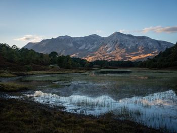 Scenic view of lake and mountains against sky