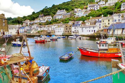 Boats in harbor with buildings in background