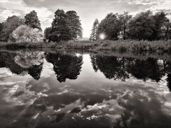 Reflection of trees in lake against sky