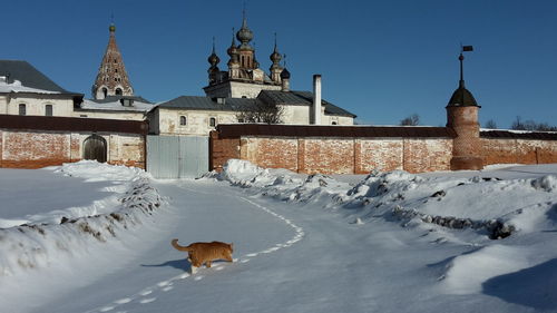 Snow covered buildings against sky