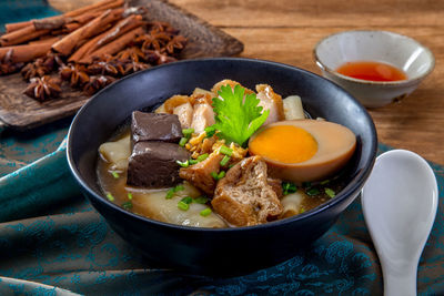 High angle view of food in bowl on table