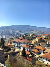 High angle view of townscape of travnik against clear sky