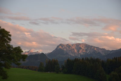 Scenic view of mountains against sky during sunset