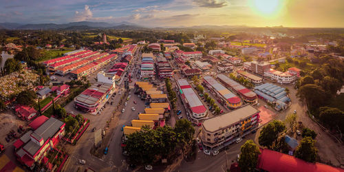 High angle view of street amidst buildings in city