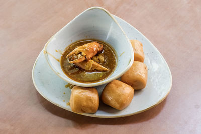 High angle view of food in plate on table