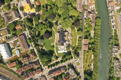 High angle view of buildings in city