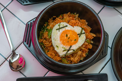 High angle view of breakfast served on table