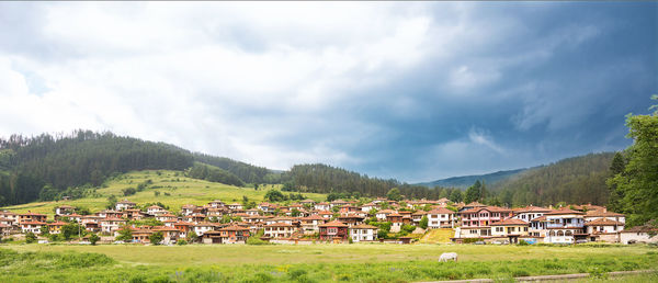 Houses on field by buildings against sky