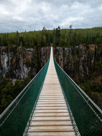 Footbridge amidst trees in forest against sky