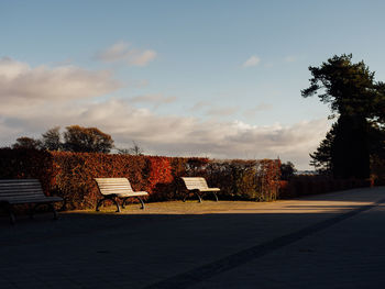 Empty bench by road against sky