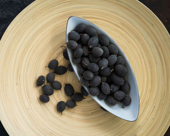 High angle view of blueberries in plate on table