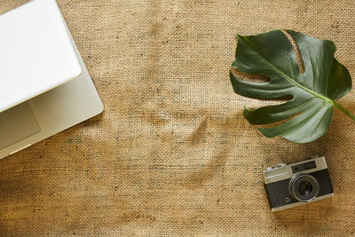 Directly above shot of camera by leaf and laptop on table