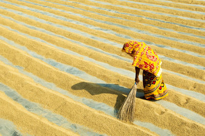 High angle view of woman sweeping grains