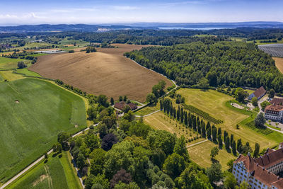 High angle view of trees on field against sky