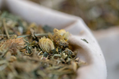 Dried herbs and spices in jute bags