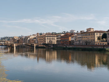 Buildings by river against sky in city