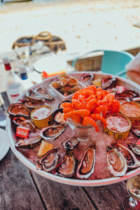 High angle view of chopped fruits in plate on table