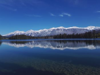 Scenic view of lake by snowcapped mountains against sky