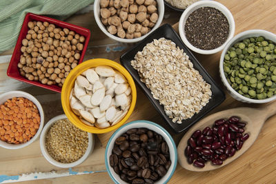 High angle view of spices in bowls on table