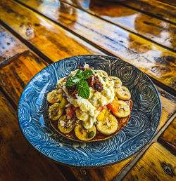 High angle view of food in plate on table