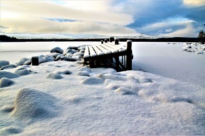 Scenic view of frozen lake against sky during winter