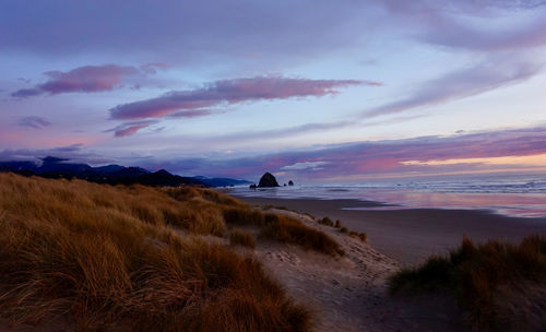 Scenic view of beach against sky during sunset